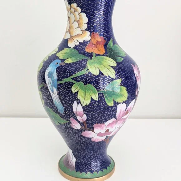 Vtg 10" Oriental Cloisonne Vase Blue Bird Dahlia Plum Royal Blue Asian Chinese - Picture 10 of 15